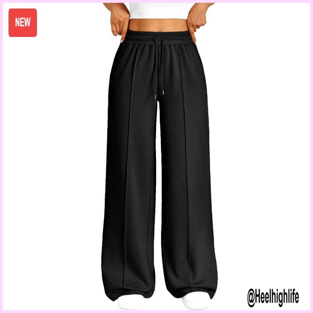 Wide Leg Sweatpants, Polyester Cotton, Drawstring Waist, Casual Athletic Pants